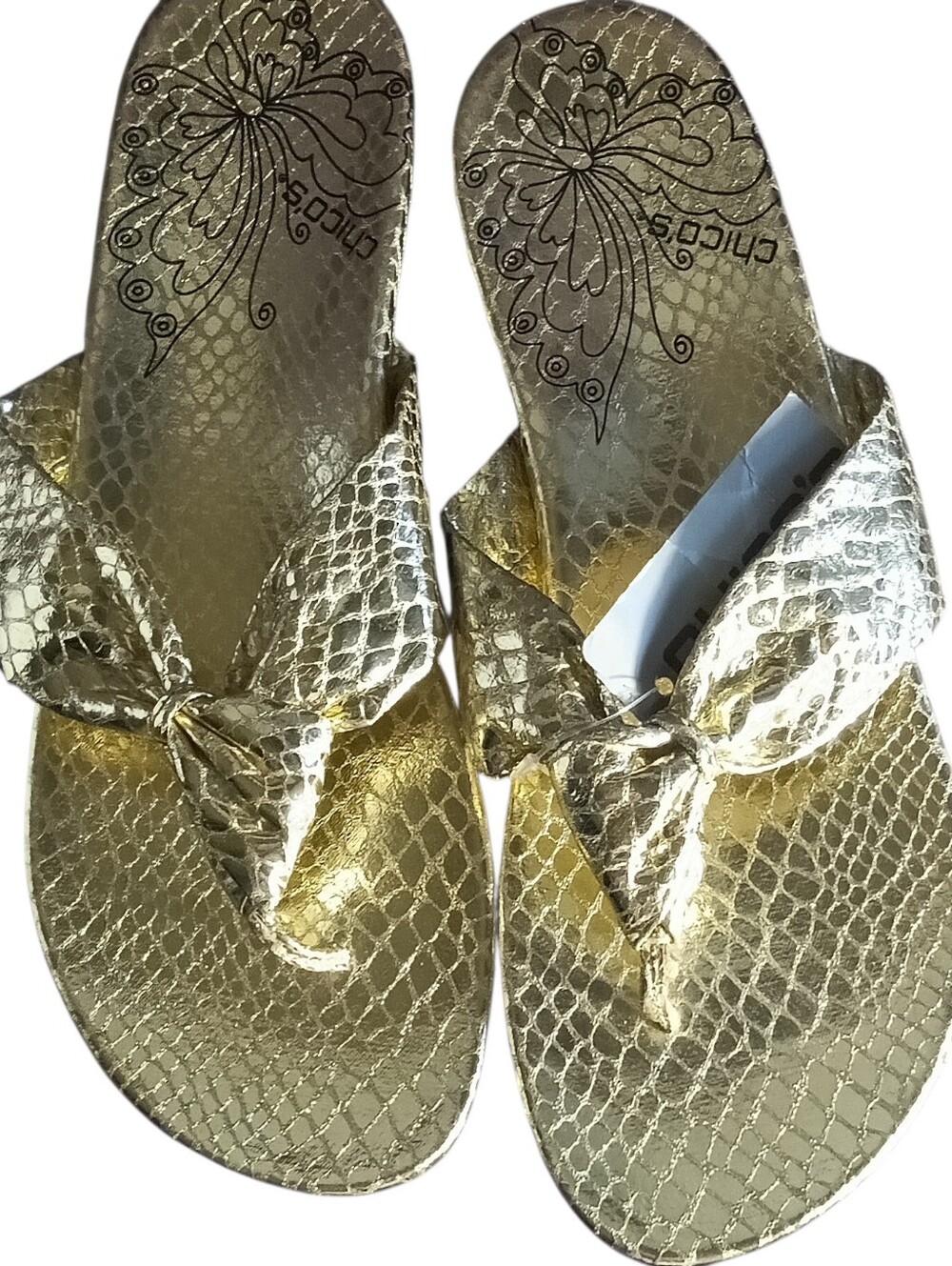 CHICO'S Womens 9 Sole Metal Metallic Gold Sandals Flip-Flops Slip-On T-Bars NEW